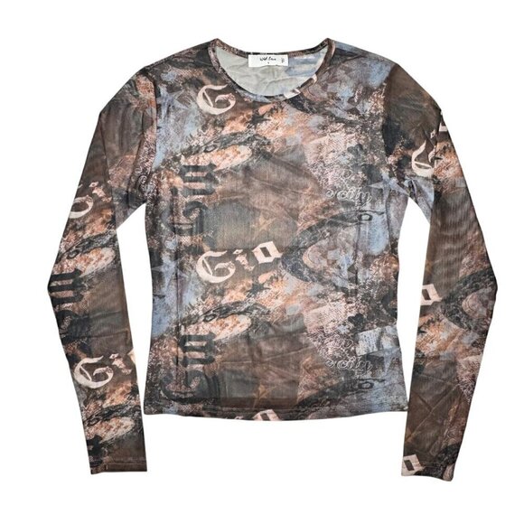 NWT Y2K 90s Sheer Mesh Cropped Top Sz.S Multi All-Over Print Fairy Grunge Goth - Picture 2 of 9